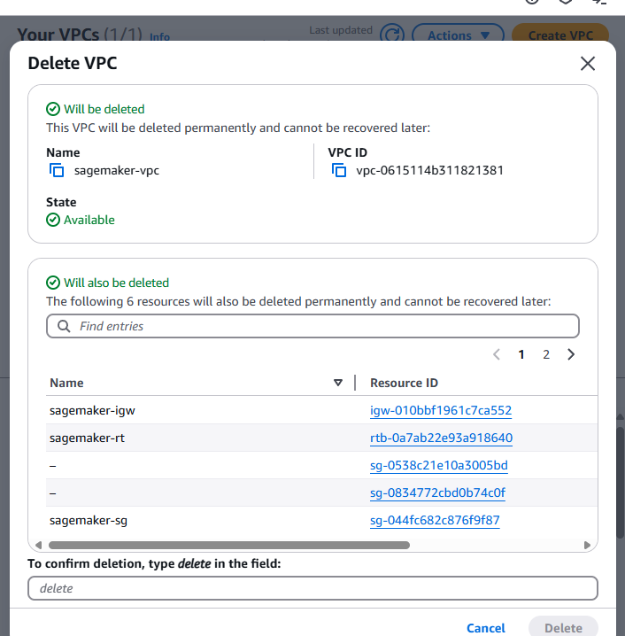 Delete the VPC
