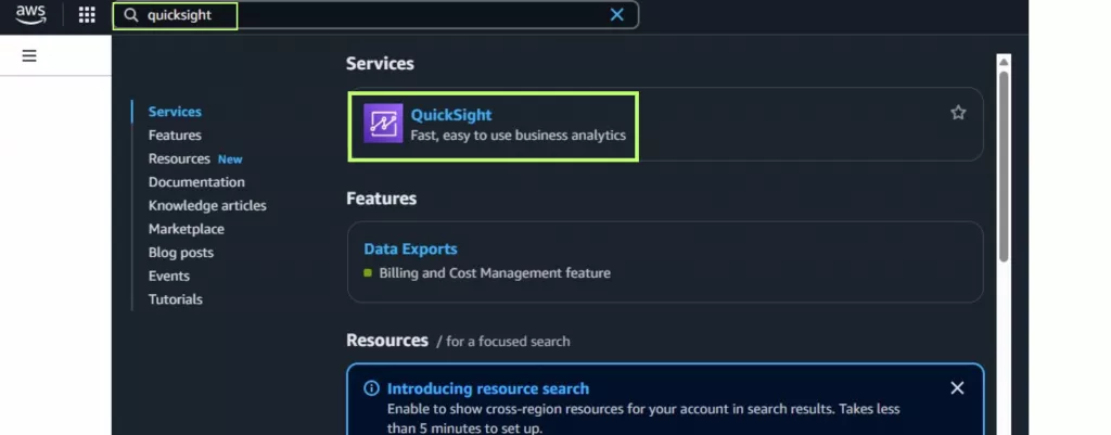 AWS Console search bar