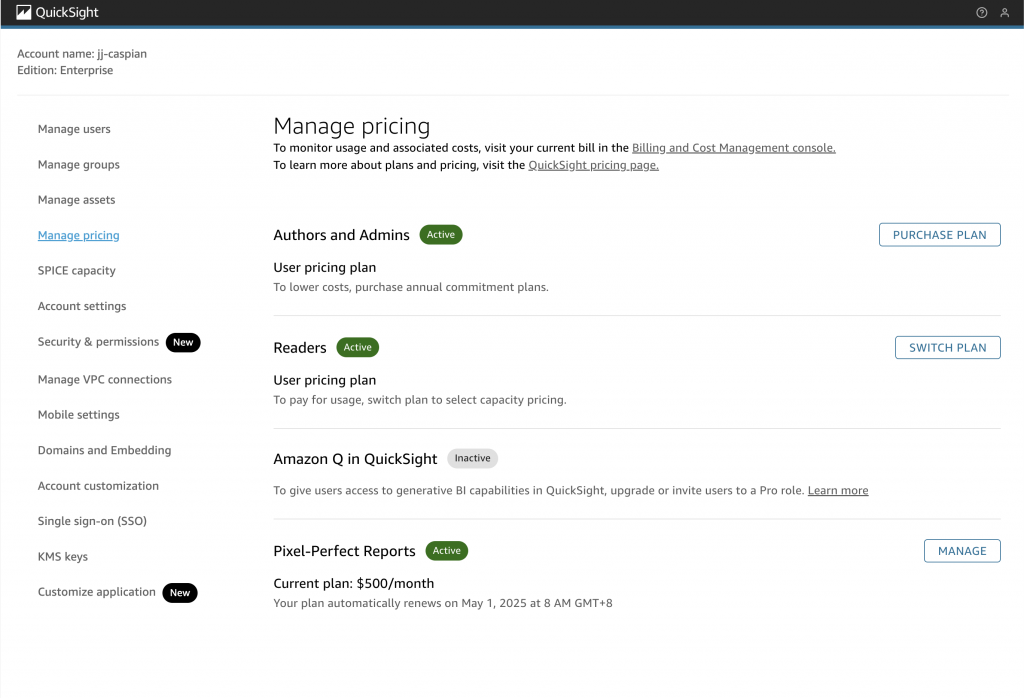 QuickSight Manage Pricing page showing active user plans for Authors, Admins, and Readers.