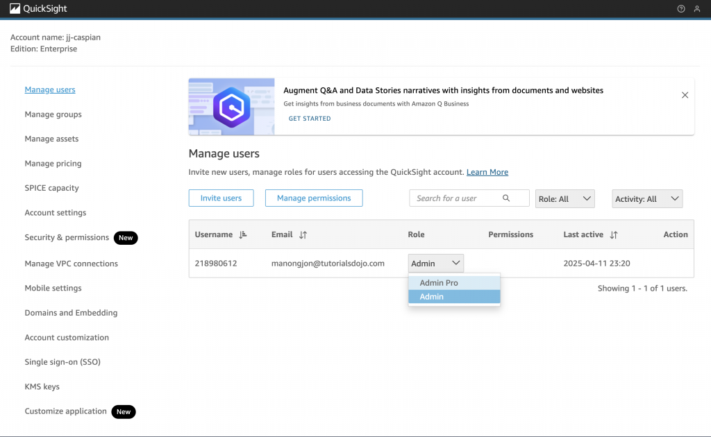 QuickSight Manage Users page showing an Admin role selection for a user.