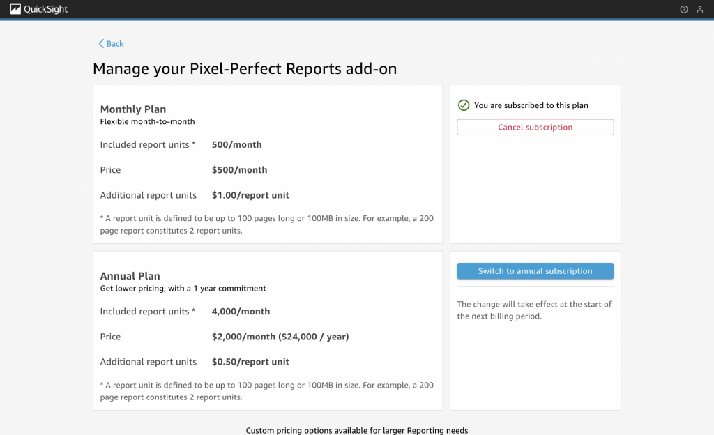 QuickSight Pixel-Perfect Reports subscription page showing Monthly and Annual plan details.