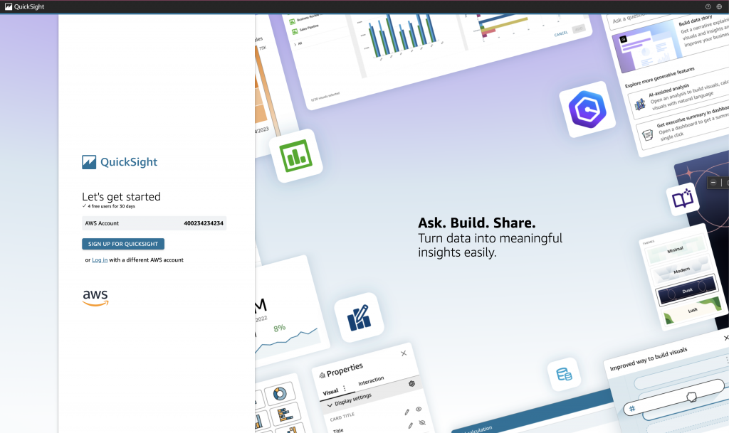 QuickSight sign-up screen