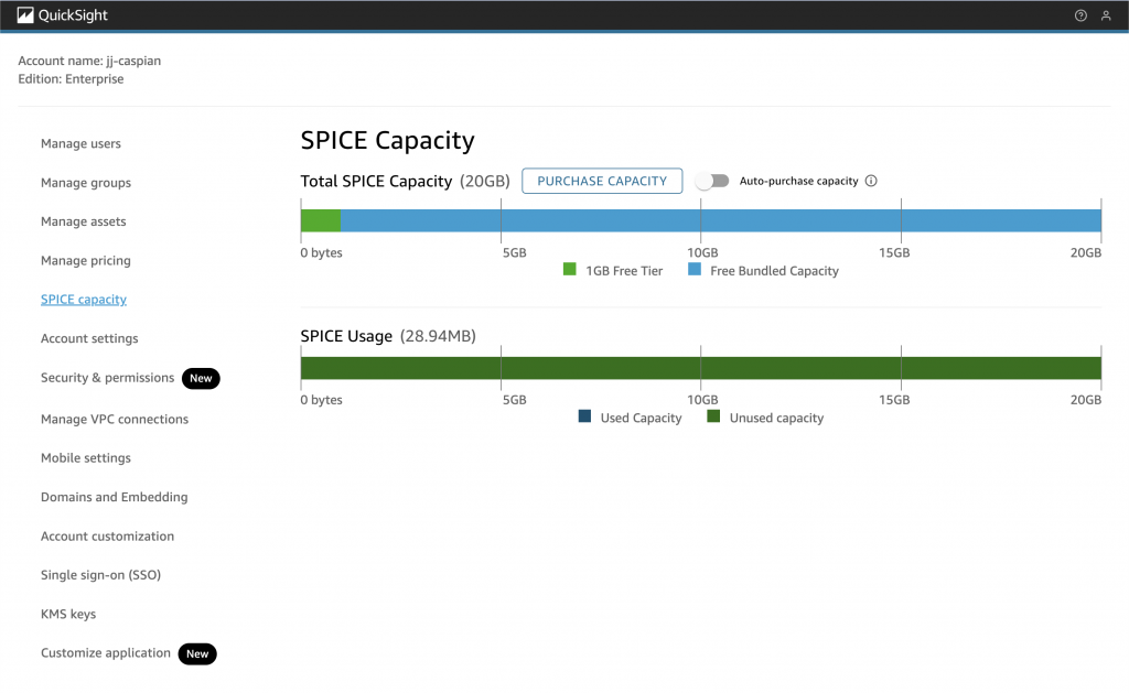 QuickSight SPICE Capacity page showing total and used capacity with a free tier and purchase options.