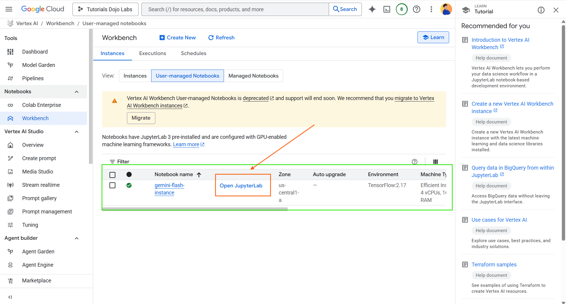 Google Cloud_Workbench Instance Open JupyterLab
