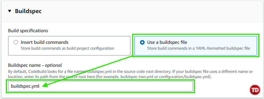 Setting up existing Buildspec in AWS CodeBuild