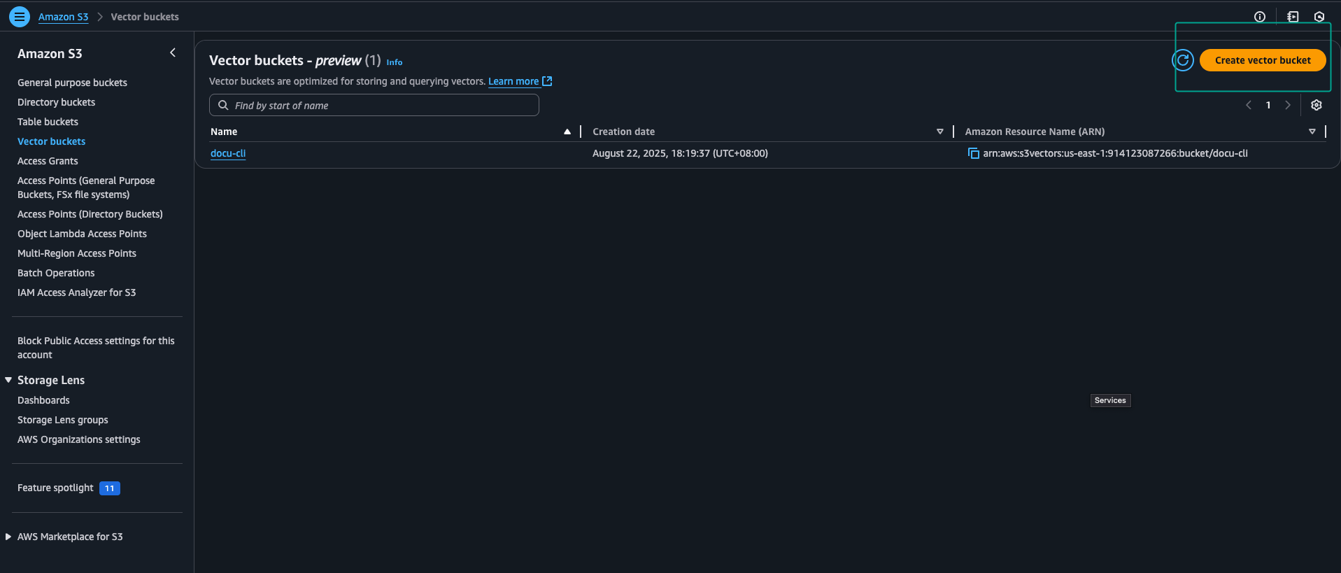 Amazon S3 Vector Bucket Create