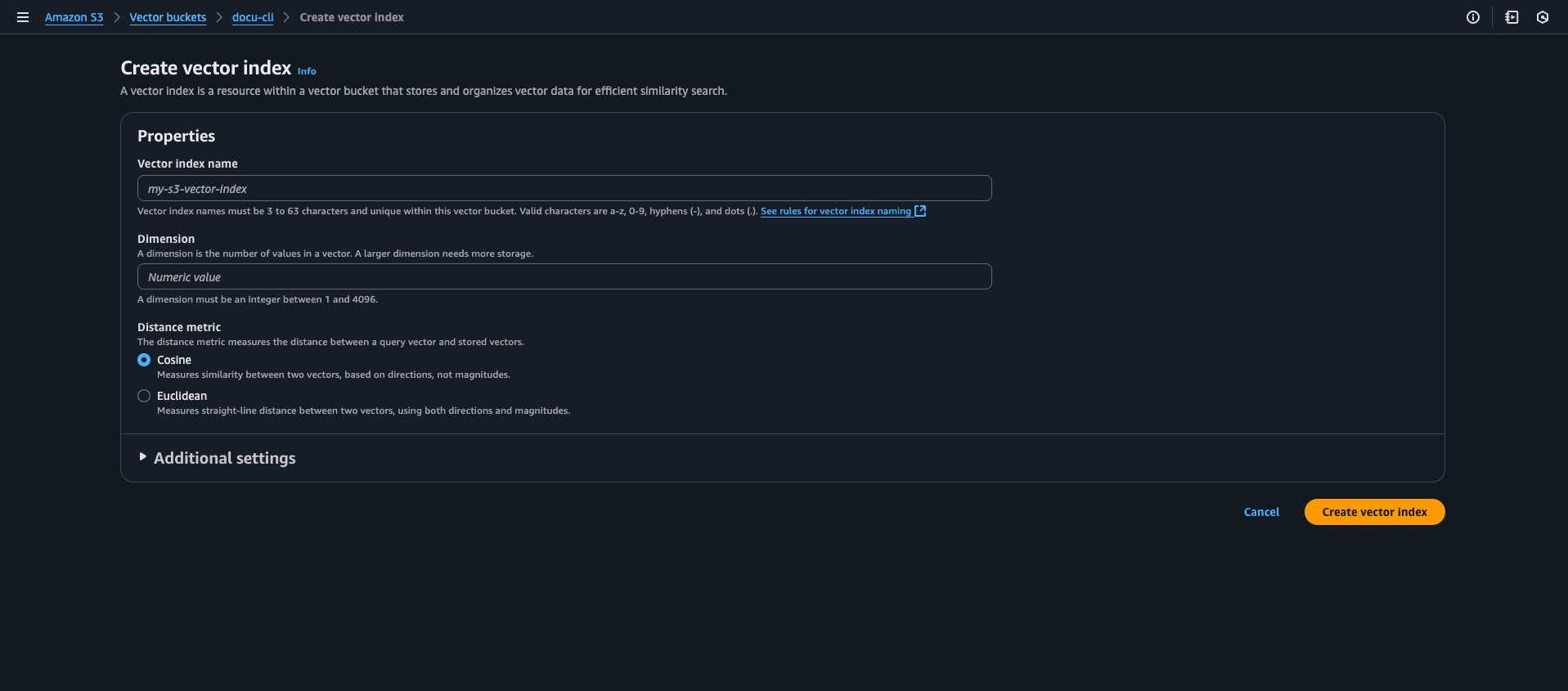 Amazon S3 Vector Bucket Create Index