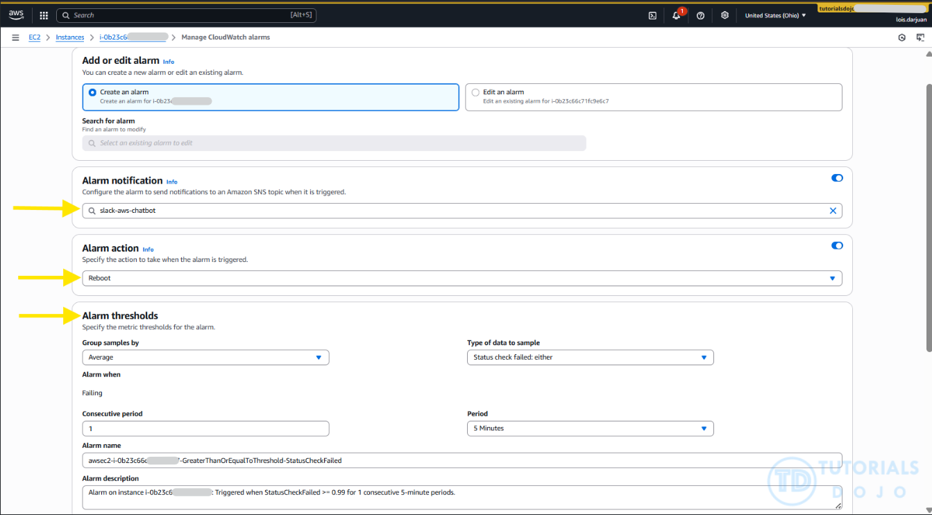CloudWatch alarm configurations