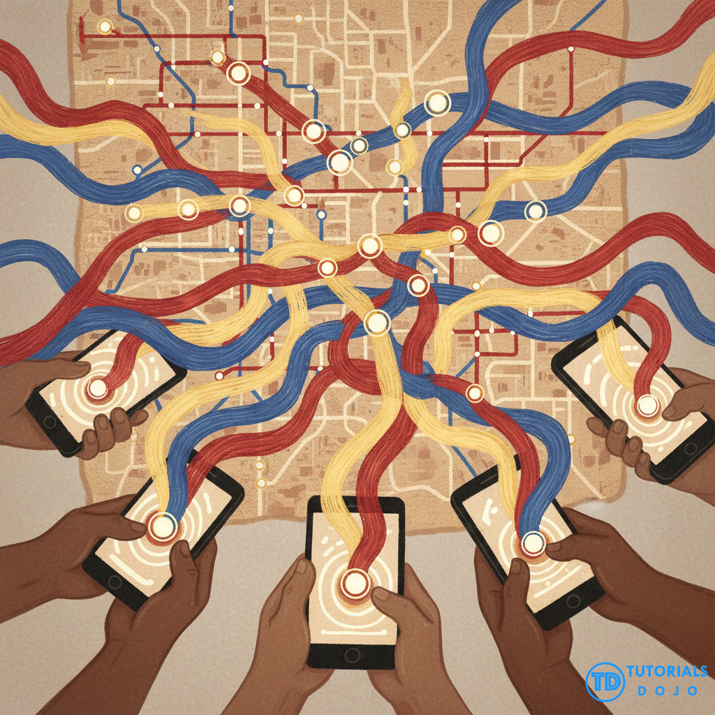 Illustration showing how AI crowd detection uses location data from many smartphones to create a live transit map. Image 2 Alt Text: