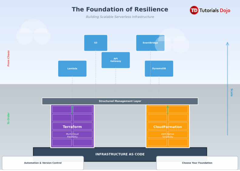 Terraform and CloudFormation pillars supporting serverless stack.
