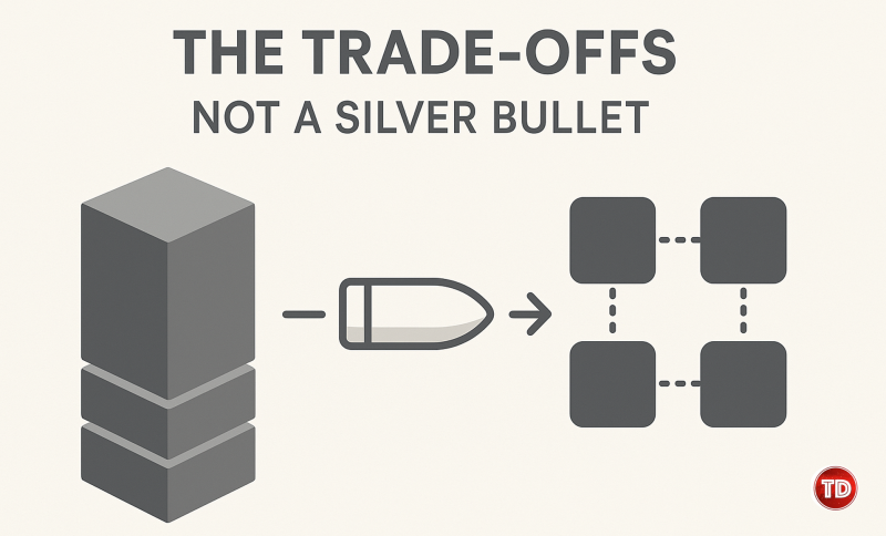 Illustration showing the trade-offs between monolithic and microservices architecture, symbolizing simplicity versus complexity in modern app design.
