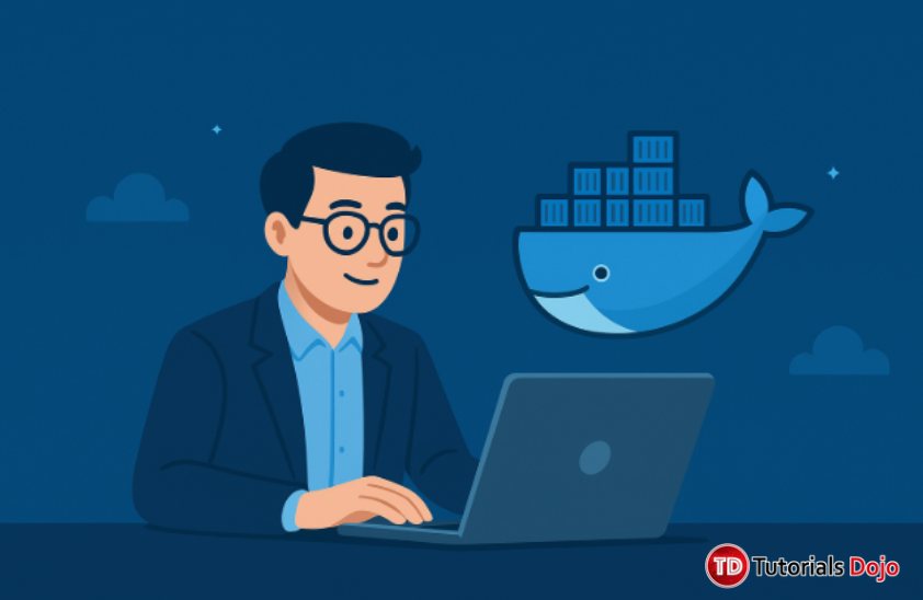 Man working on laptop with Docker whale logo beside him.