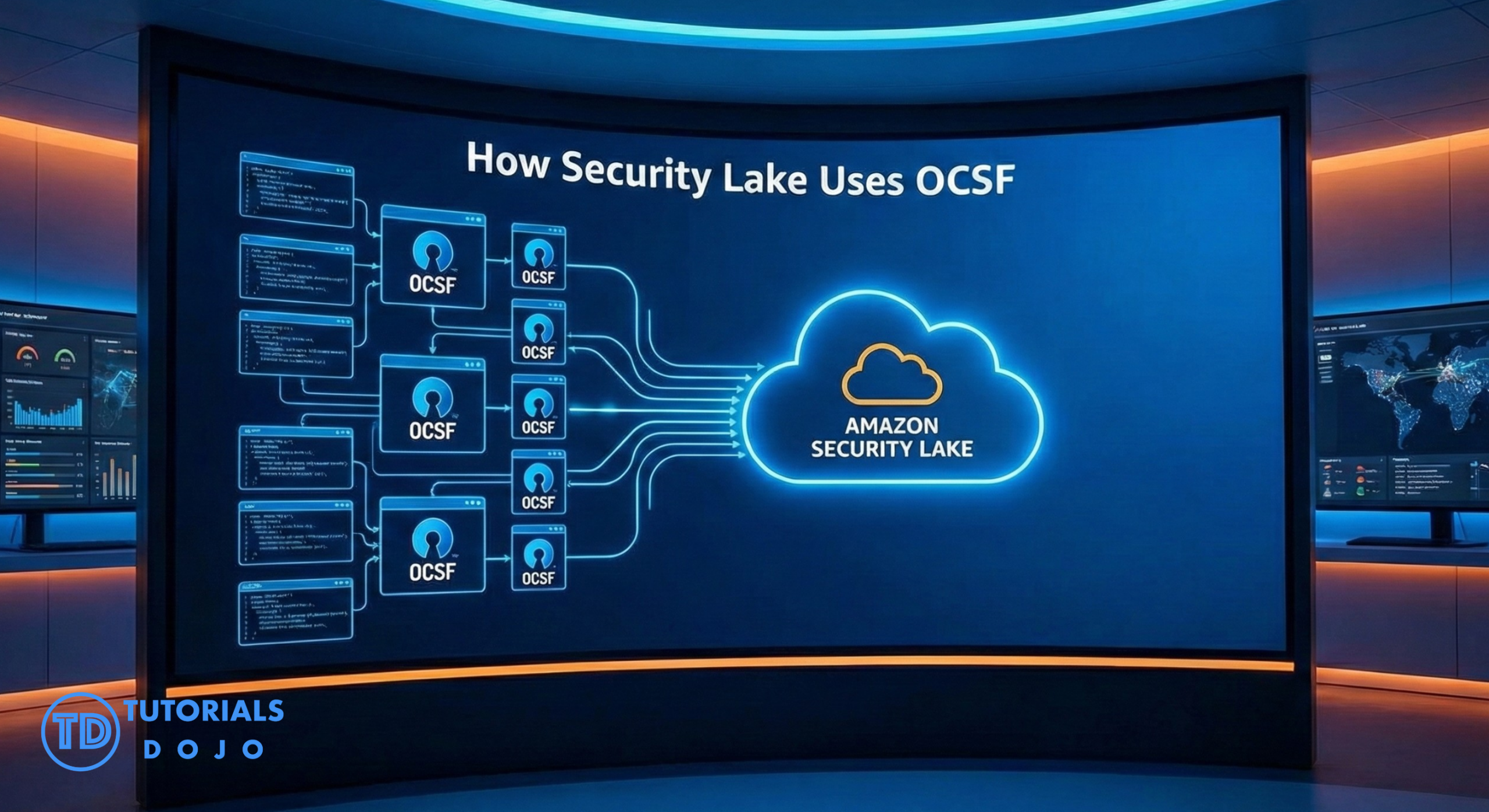 Architecture diagram showing OCSF-formatted security logs aggregated and stored in Amazon Security Lake.