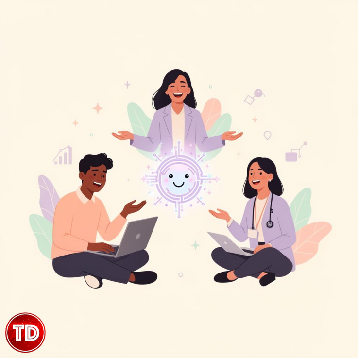 Diverse professionals collaborating around a friendly, glowing AI icon