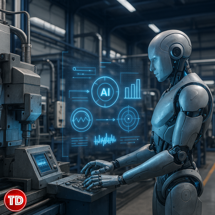 Humanoid robot working alongside industrial machines in a smart factory, with visual overlays representing AI decision-making and sensor data