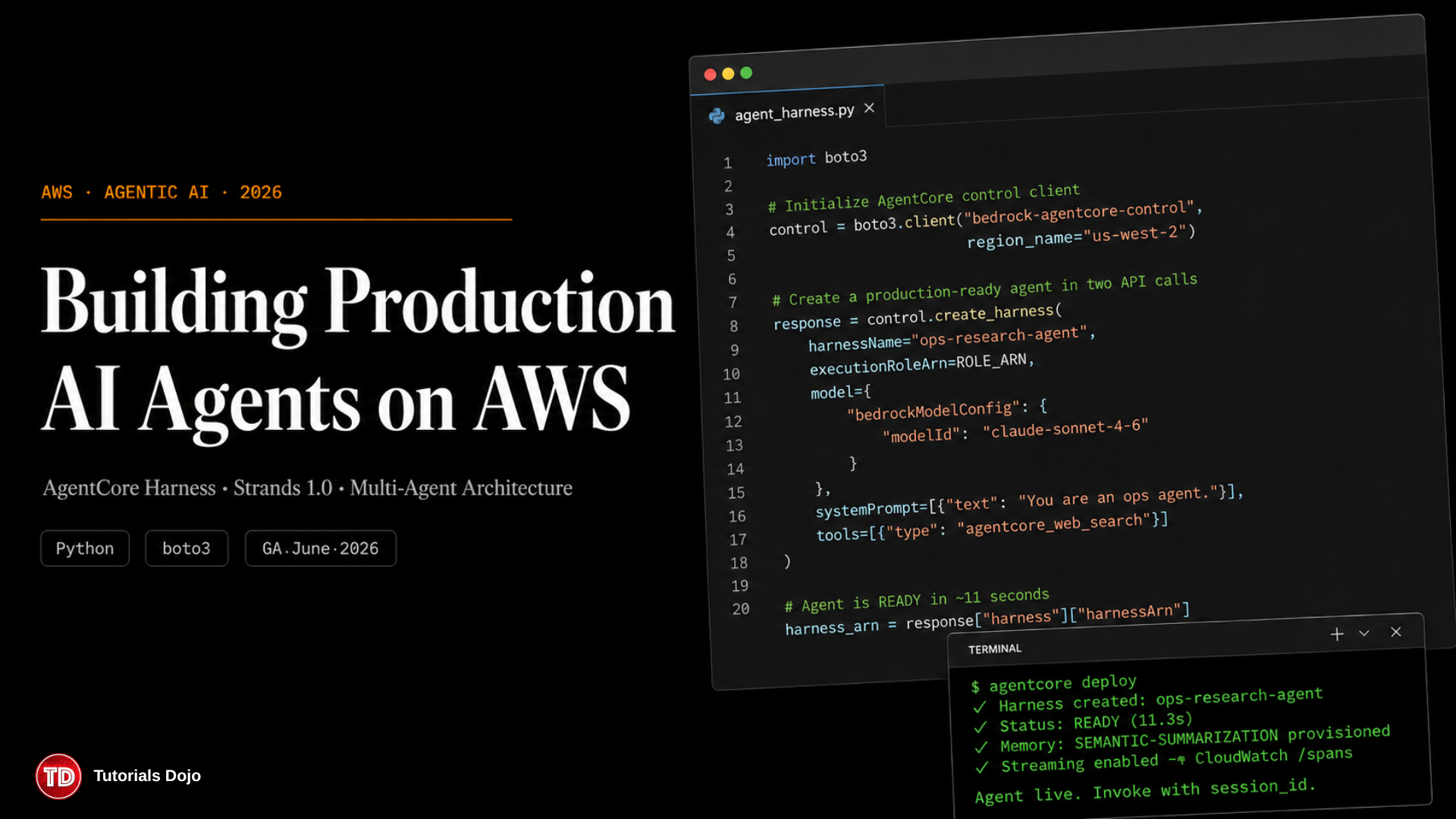 Building Production AI Agents on AWS in 2026 AgentCore Harness, Strands 1.0, and the Multi-Agent Architecture that Actually Ships - Tutorials Dojo 2026